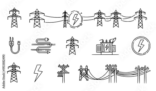 Power line electricity linear icons vector set monochrome outline