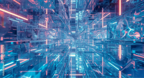 Futuristic neon corridor with glass structures and vibrant blue lighting