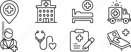 hand drawn hospital medical health cart outline icons set vector illustration design collection art 