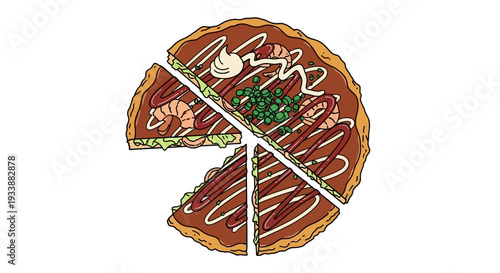 Delicious Okonomiyaki Pizza Slices with Shrimp and Sauce