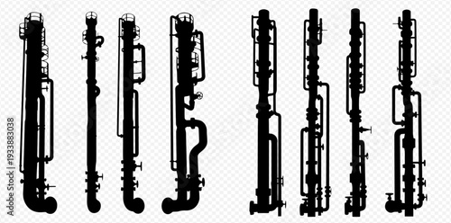 Set of industrial distillation columns and chemical reactors silhouettes, essential equipment for chemical processing and refining operations.