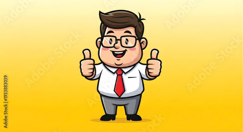 Happy businessman character giving double thumbs up gesture on yellow background.