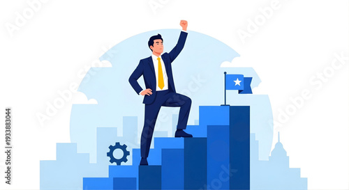 Businessman climbing blue bar graph representing financial growth and career progress.