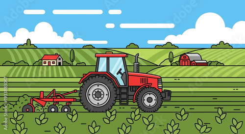 Red tractor plowing green farmland under blue sky with clouds