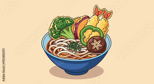 Pixel Art Udon Noodle Soup with Shrimp Tempura and Vegetables