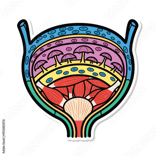 Detailed anatomical illustration of the human bladder and urinary system from a cross-sectional viewpoint