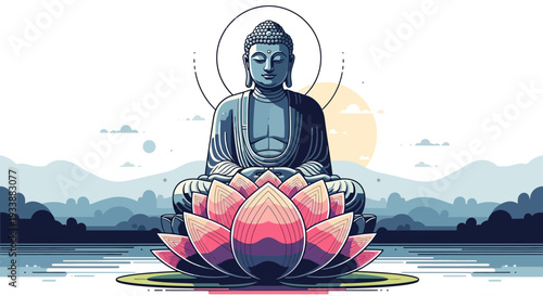 Serene Buddha meditating on lotus flower, spiritual enlightenment