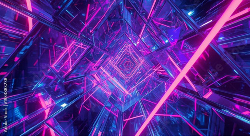 Vibrant neon lights create a dynamic futuristic tunnel with pink and blue hues