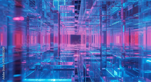 Vibrant neon-lit futuristic architecture with pink and blue hues