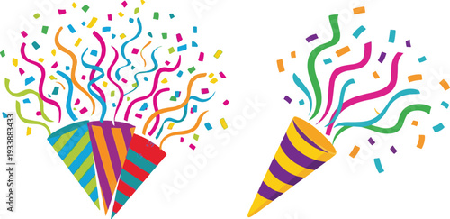 Colorful party popper set icon for birthday celebration or holiday event design, vector illustration