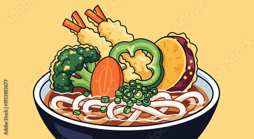 Japanese Udon Noodle Soup with Tempura and Vegetables