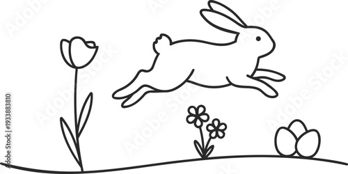 A cute rabbit jumping over flowers and eggs in a spring scene