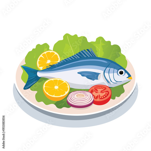 Freshly prepared fish dish with vegetables and citrus fruit