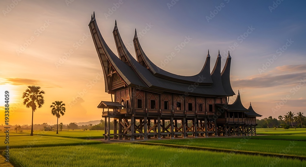 Obraz premium Traditional Indonesian Rumah Gadang Architecture at Sunrise.