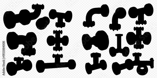 Industrial Pipe Fittings Silhouettes Collection: Various Connectors and Adapters for Plumbing and Construction.
