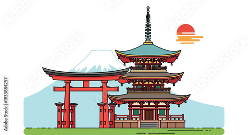 Japan Travel Icon: Pagoda, Torii Gate, Mt Fuji, Sunrise