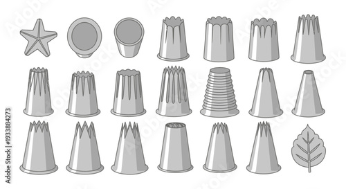 Collection of various pastry decorating tips, including star, round, and leaf shapes for cake and cookie embellishments