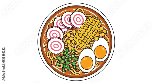 Japanese Ramen Bowl with Noodles, Egg, Corn, and Narutomaki