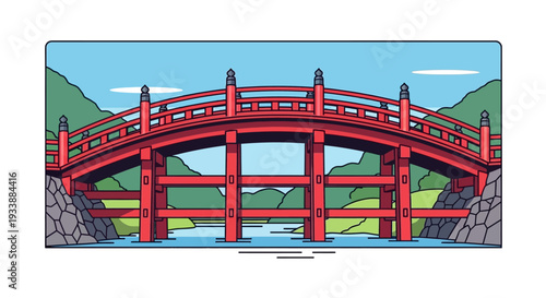 Red Japanese Bridge Over River in Nature