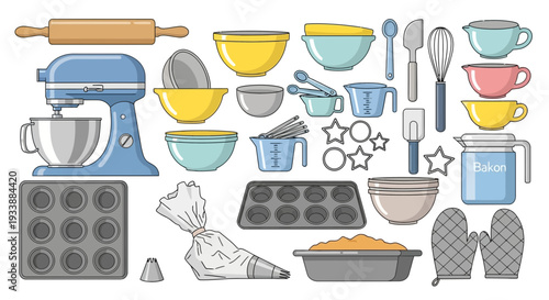 A vibrant collection of essential kitchen and baking tools, featuring a stand mixer, various bowls, whisks, spatulas, and muffin tins, perfect for any home baker's culinary adventures