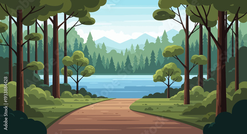Scenic forest path leading to a tranquil lake and mountains