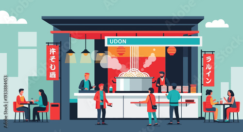 Udon Noodle Shop Street Food Stall with Customers