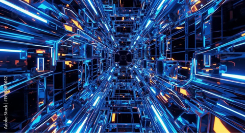 Futuristic blue neon corridor with sleek metallic architecture