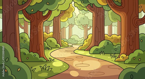 Cartoon Forest Path with Lush Green Trees and Sunlight
