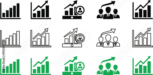 Collection of business and finance icons featuring graphs charts and people