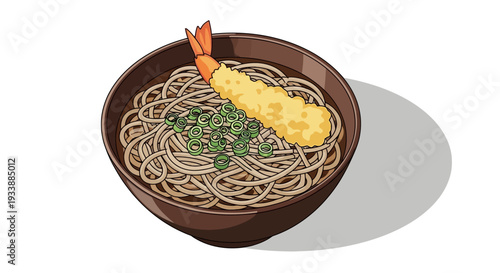 Japanese Soba Noodles with Shrimp Tempura and Green Onions