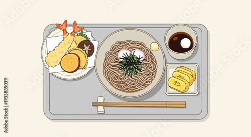 Japanese Soba Noodles with Tempura and Tamagoyaki