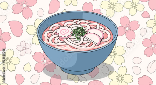 Japanese Udon Noodles in Bowl with Cherry Blossoms Background