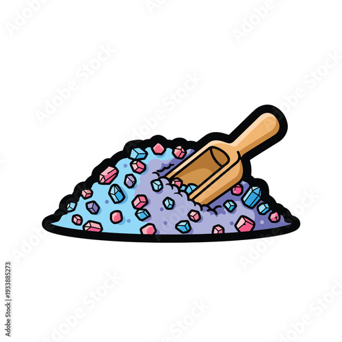 A wooden scoop rests on a pile of colorful pills and capsules in a simple illustration style