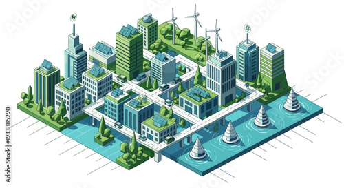 Eco-friendly cityscape with renewable energy, green roofs, and sustainable buildings, promoting a clean environment and climate action on planet earth.