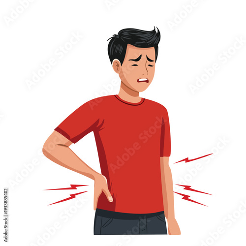 Man experiencing back pain illustrated on white background