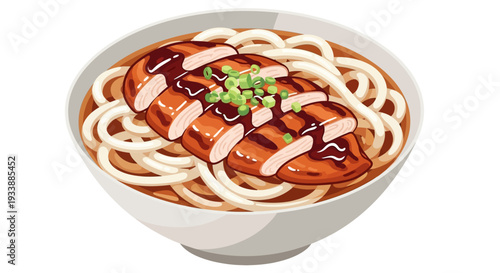 Delicious Chicken Udon Noodles Bowl with Sauce and Green Onions