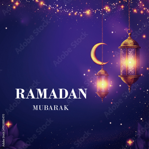 Ramadan Mubarak: A serene and festive greeting card design, featuring an illuminated crescent moon, traditional lanterns, and delicate string lights. It's a visual embodiment of the spirit of Ramadan.