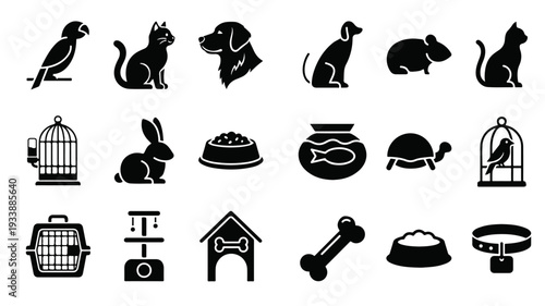  Web icon set. Pet shop, types of pets. Set of 16 web icons. 