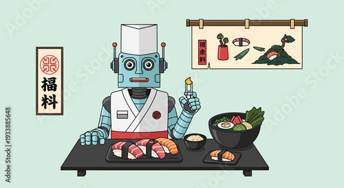 Robot chef serving sushi and ramen in a Japanese restaurant