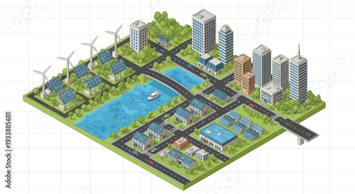 Sustainable eco-friendly city with renewable energy sources, green spaces, and modern buildings on Earth Day, promoting environmental protection and climate action.