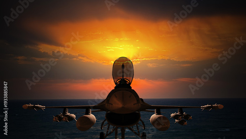 f 16 jet fighter silhouette front view in the sunset 3d rendering illustration