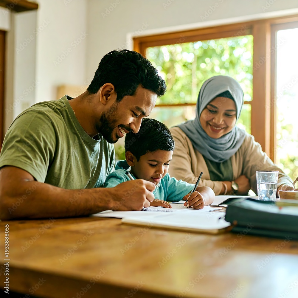 Obraz premium Smiling family bonding over creative activity at home