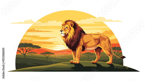 Majestic lion standing proudly at sunset on savannah