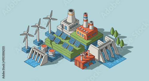 Isometric View of Renewable Energy Power Plant with Wind Turbines and Solar Panels for Eco Friendly Future on Earth Day