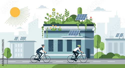 Eco friendly building with solar panels and green roof, promoting sustainable development on Earth Day, viewed from the street with cyclists riding by