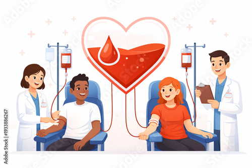 A heartwarming flat illustration of diverse donors giving blood at a medical center. A large heart-shaped container filled with blood symbolizes life-saving donations, while friendly medical staff 