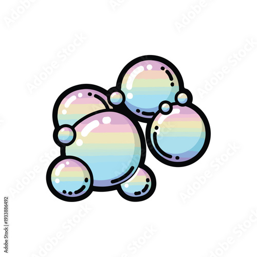 A vibrant cluster of iridescent bubbles floats in mid-air, showcasing a mesmerizing display of colorful reflections and playful shadows from an overhead viewpoint.