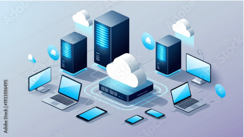 A high-tech isometric illustration of a cloud computing network. It features central data servers connected to various devices including laptops, tablets, and smartphones, with cloud icons symbolizing