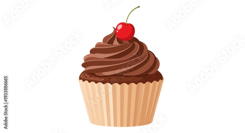 Charming illustration of a delicious chocolate cupcake, featuring rich swirled frosting and a vibrant red cherry, embodying sweet indulgence and celebratory delight