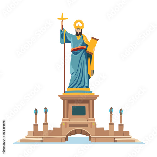 Religious figure statue holding staff and scroll on pedestal